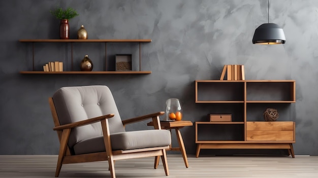 Wooden shelf unit and gray armchair interior design of modern living room