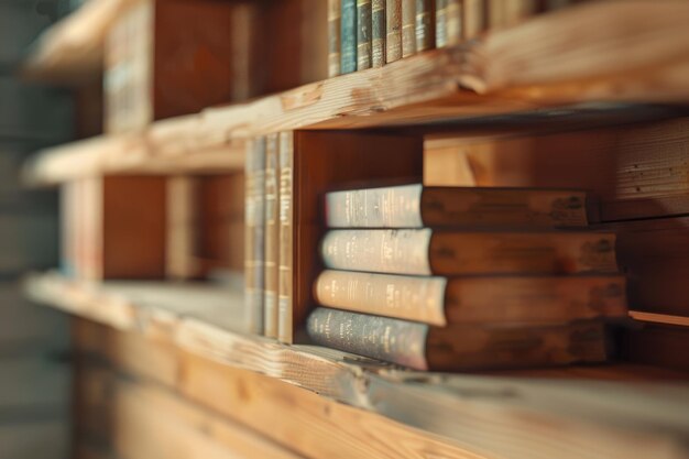 一列に書籍が並ぶ木製の棚 教育と知識 ぼやけている