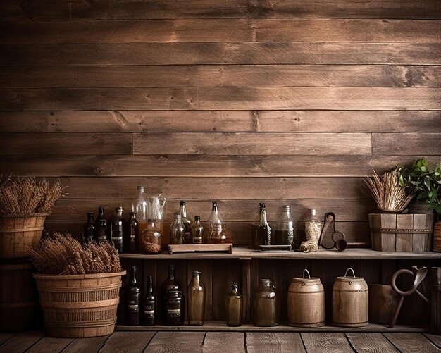 A wooden shelf with bottles of wheat and a wooden shelf with a wooden shelf that says'the word " on it.