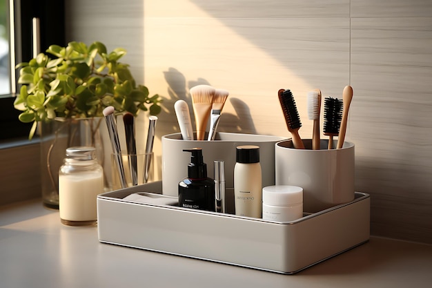 Wooden shelf with cosmetic products in bathroom closeup Interior design