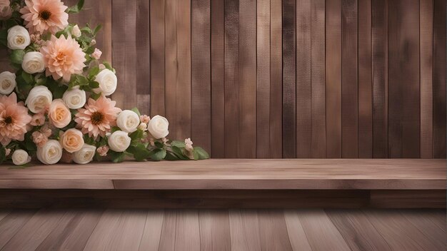 Photo wooden shelf with flowers on wooden wall background 3d render