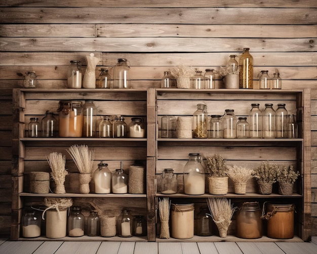 A wooden shelf with jars and jars on it and a bottle of wheat.