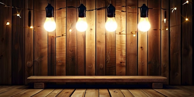 Wooden shelf with light bulbs and garland on wooden wall background
