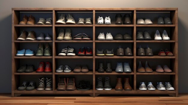 Photo a wooden shelf with a lot of shoes on it