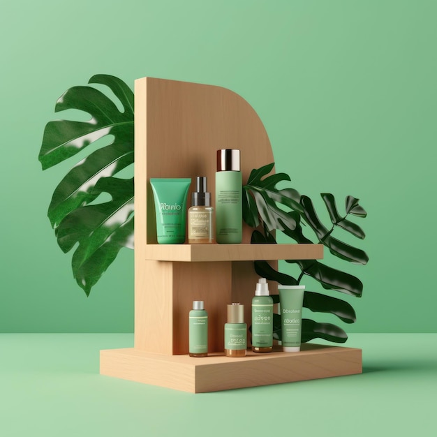 A wooden shelf with various beauty products on it.