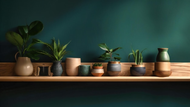 A wooden shelf with various planters on it