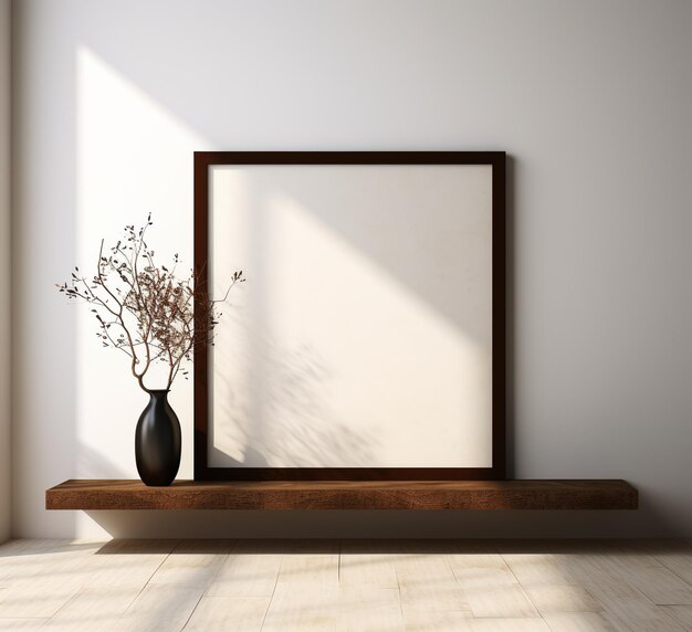 A wooden shelf with a vase of decorative plants and a blank picture frame on a white wall in the background