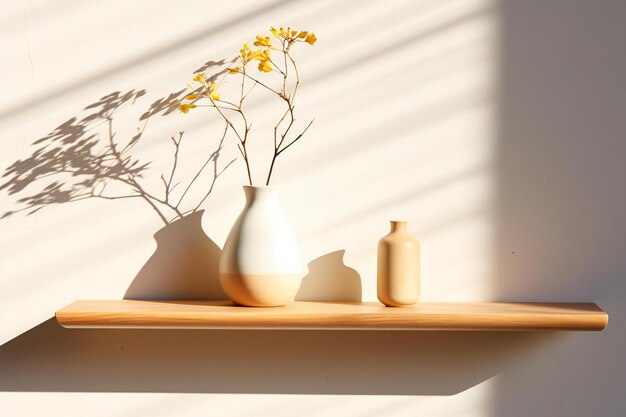 Wooden shelf with vase and flowers on white wall background