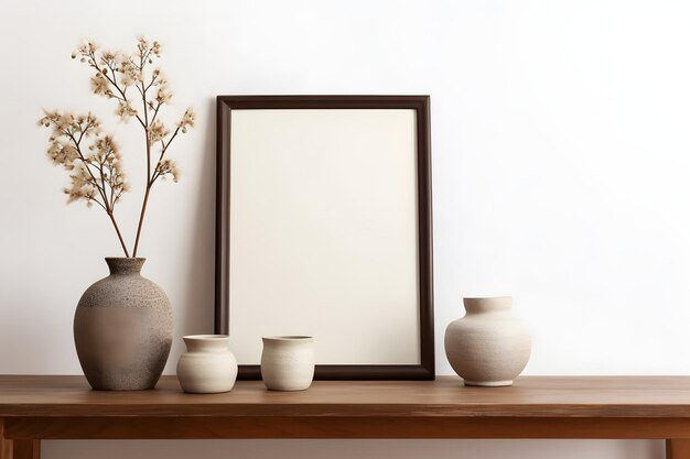 A wooden shelf with vases and flowers on it