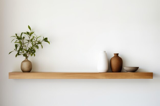 Wooden shelf with vases with white wall background