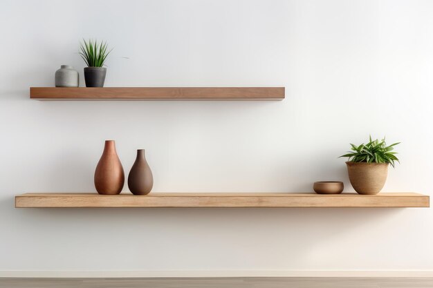 Wooden shelf with vases with white wall background