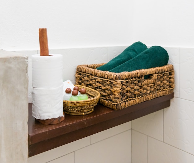 Photo wooden shelves in bathroom