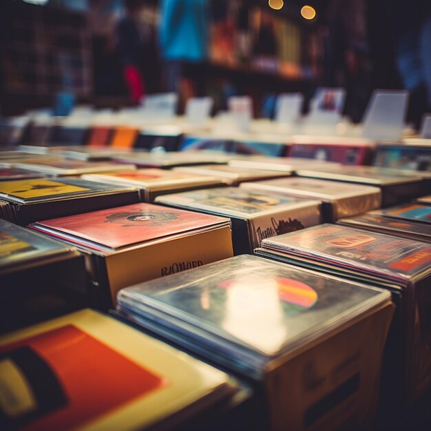 Wooden shelves filled with a curated collection of cds and lps the rustic texture of the wood complements the glossy finishes of the cases