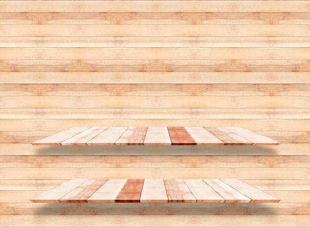 Wooden shelves isolated on white background use for products display