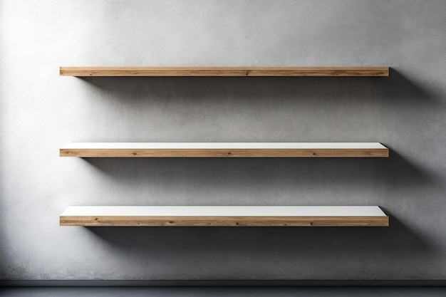 Wooden shelves in a simple design on a concrete wall texture with a design clipping path