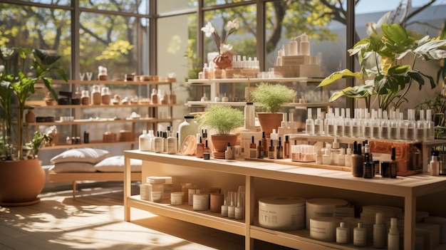 The wooden shelves in the store are filled with various beauty products and the large glass windows provide ample natural light