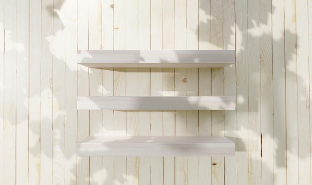 Wooden shelves two floors luxury product shelves tree reflections from sunlight interior design