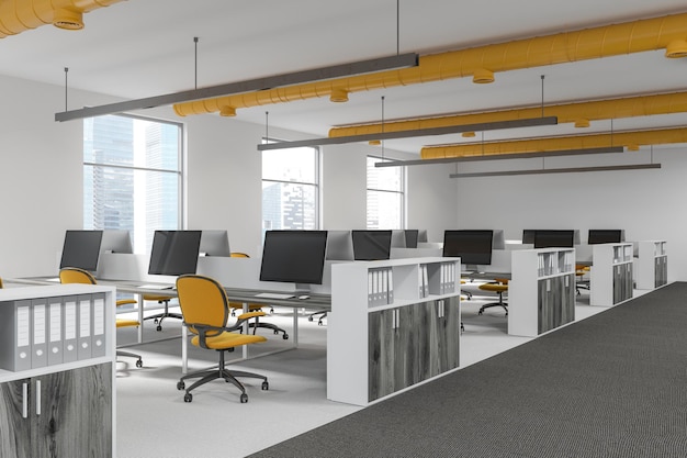 Wooden shelves in a white office corner with a tall window, a carpet and rows of computer desks with yellow chairs. 3d rendering mock up