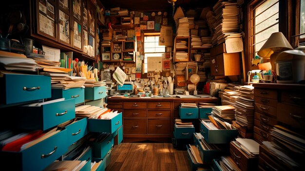 wooden shelves with books and stationery in a library