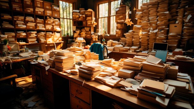 wooden shelves with books and stationery in a library