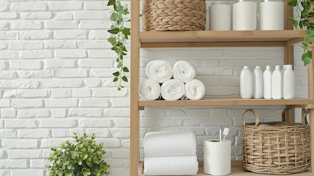 Wooden shelving unit with toilet paper rolls clean