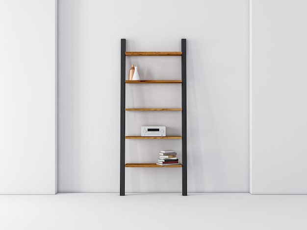 Wooden shelving in white bedroom 3d rendering