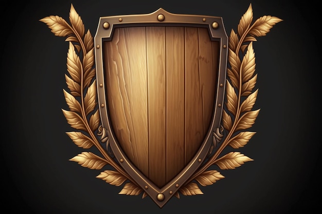 Wooden shield with a gold laurel wreath on it