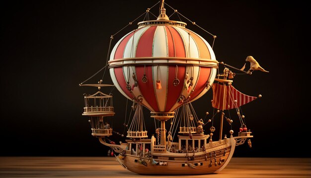 Wooden ship flying through the clouds with sails inflated like a hot air balloon