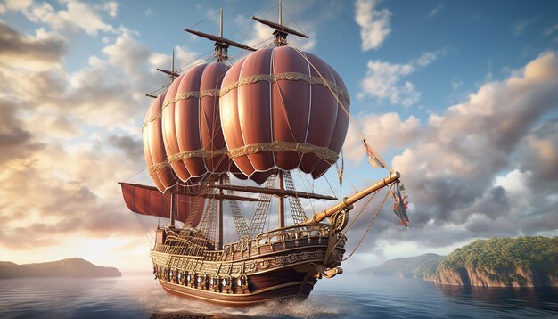 Photo wooden ship flying through the clouds with sails inflated like a hot air balloon