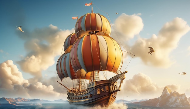 Photo wooden ship flying through the clouds with sails inflated like a hot air balloon