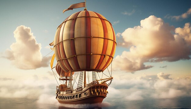 Photo wooden ship flying through the clouds with sails inflated like a hot air balloon