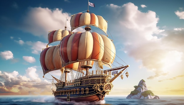 Photo wooden ship flying through the clouds with sails inflated like a hot air balloon