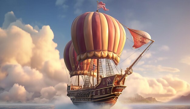 wooden ship flying through the clouds with sails inflated like a hot air balloon