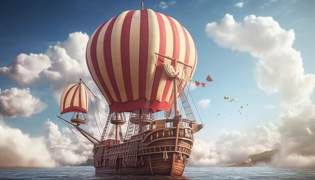 Photo wooden ship flying through the clouds with sails inflated like a hot air balloon