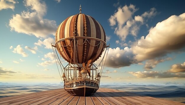 Wooden ship flying through the clouds with sails inflated like a hot air balloon
