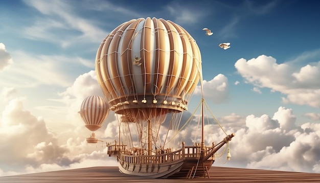 Фото Деревянный корабль, летящий сквозь облака с парусами, надутыми как воздушный шар