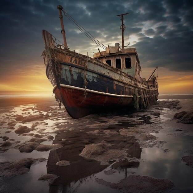 Photo wooden ship at sea shore