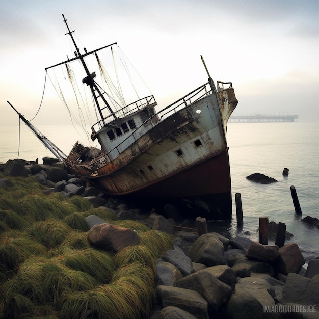 Photo wooden ship at sea shore