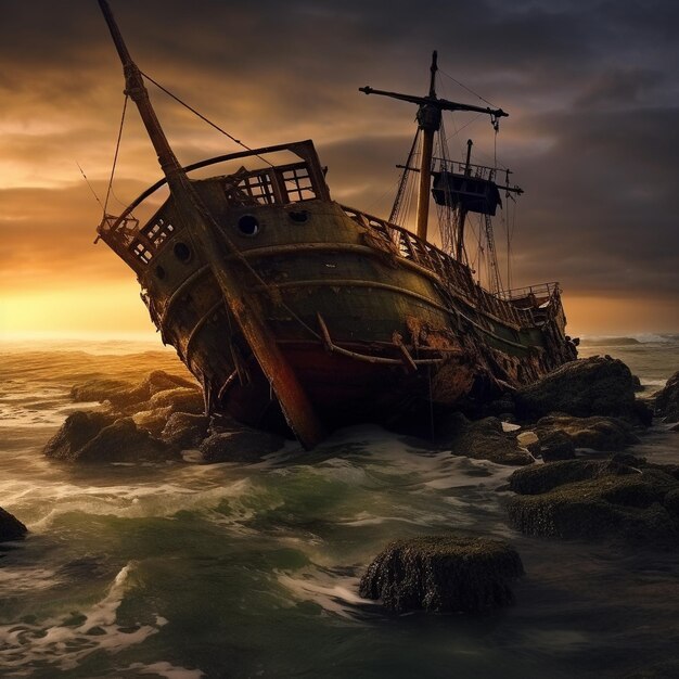 Photo wooden ship at sea shore