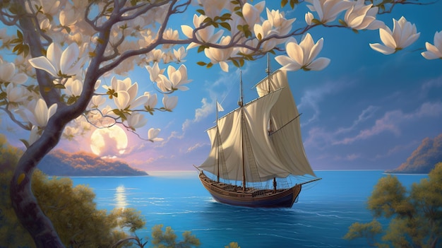 日没時にモクレンが育つ海岸近くの海に帆を張った木造船