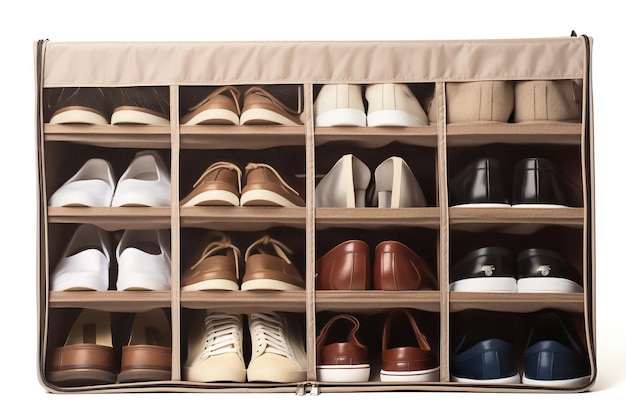 Wooden Shoe Rack Overflowing With Various Shoes On a White or Clear Surface PNG Transparent Background