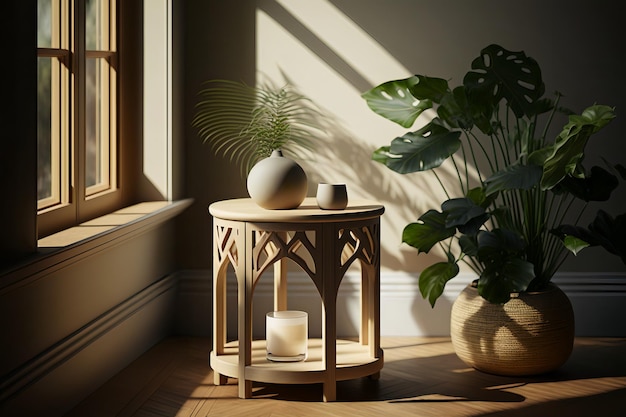 A wooden side table with a plant on it and a plant on it.