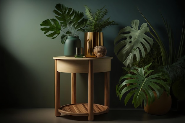 A wooden side table with a plant on it and a plant on it.