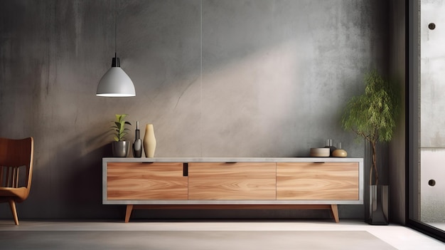 Wooden sideboard in modern living room concrete wall with wooden paneling Generative Ai