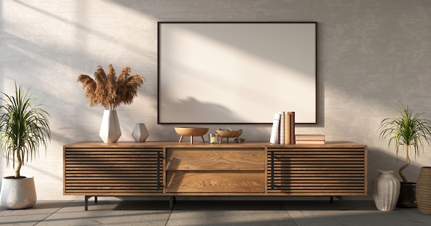wooden sideboard with decor on white wall background living room mockup 3d render
