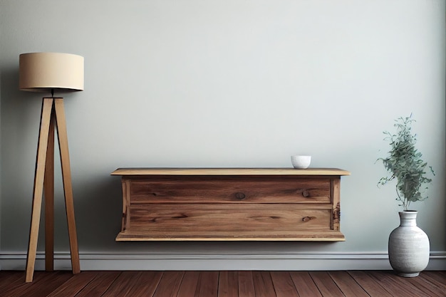 A wooden sideboard with a lamp on it and a lamp on the wall.