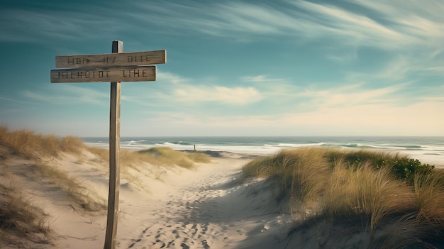 Деревянный знак на пляже с видом на океан Генеративный ИИ