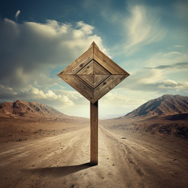 a wooden sign in a desert