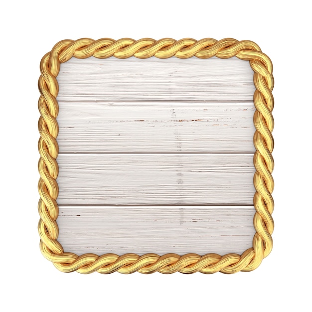 Photo wooden sign and gold rectangle rope frame with blank space for your design on a white background. 3d rendering