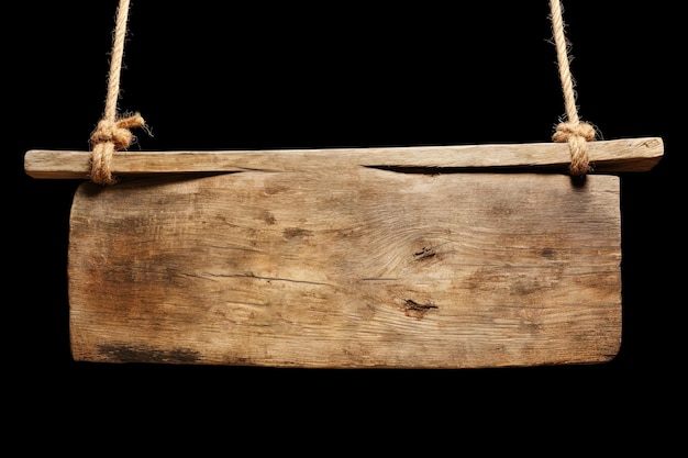 Wooden sign plain hanging from rope isolated on black background